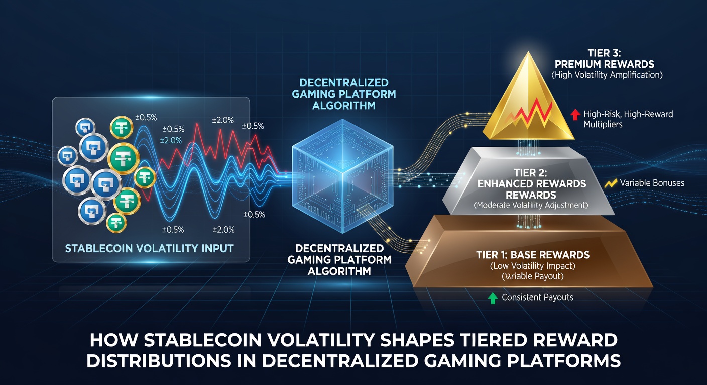 Visualisierung gestaffelter Belohnungsstrukturen und Stablecoin-Kursverläufe in Blockchain-Gaming