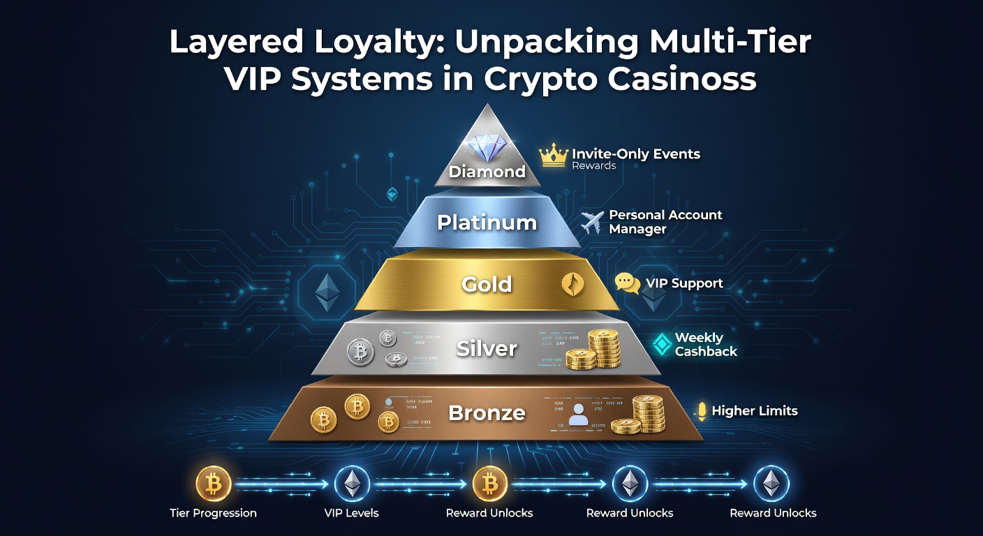 Grafische Darstellung eines mehrstufigen VIP-Treppenmodells in einem Krypto-Casino mit aufsteigenden Levels von Bronze bis Diamond und Belohnungselementen wie Coins und Kronen