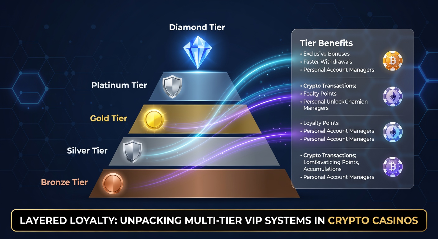 Detaillierte Infografik zu VIP-Level-Vergleichen in Krypto-Casinos, inklusive Cashback-Prozentsätzen, Auszahlungsgeschwindigkeiten und exklusiven Perks pro Stufe