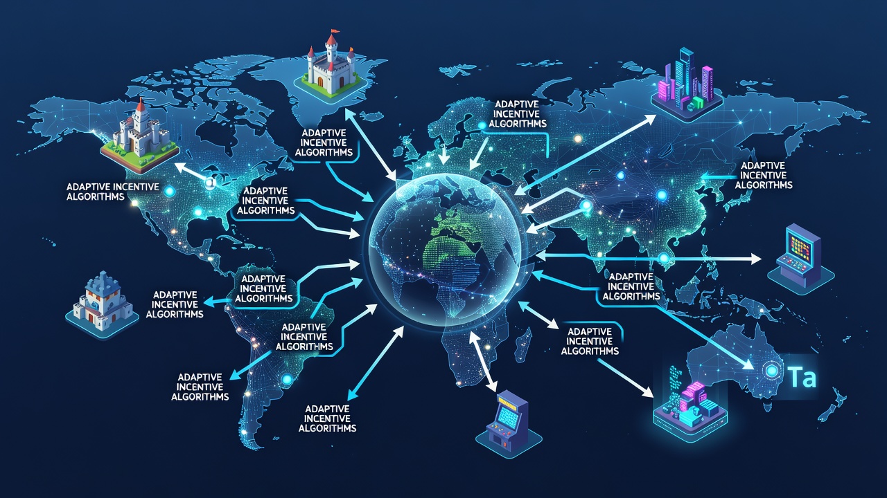 Illustration von Steueranpassungen in Blockchain-Gaming mit globalen Verbindungen und Algorithmus-Mapping