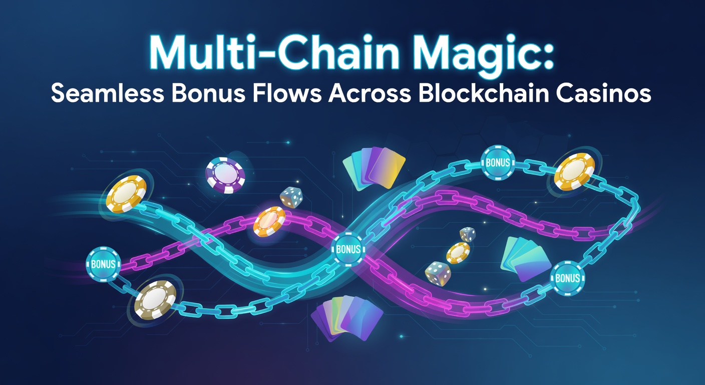 Darstellung eines Multi-Chain-Netzwerks mit fließenden Bonus-Token zwischen verschiedenen Blockchains in einem Casino-Kontext