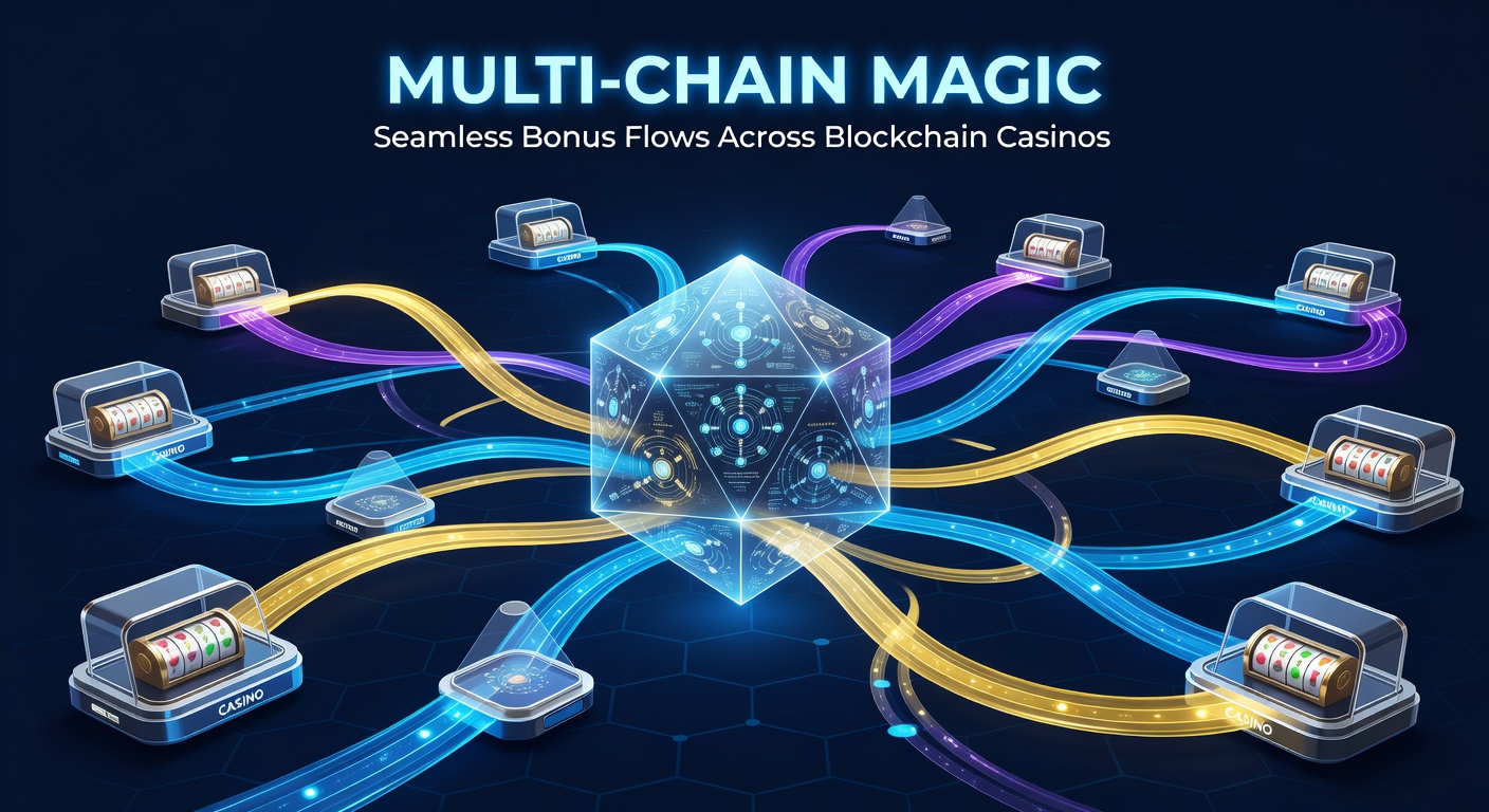 Visuelle Grafik eines Cross-Chain-Bonus-Transfers zwischen Ethereum, Polygon und Solana in einem Casino-Interface