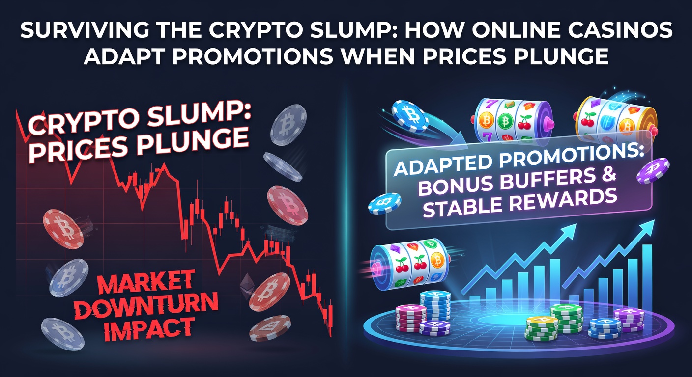 Grafik zeigt fallende Bitcoin-Kurse neben Casino-Promotions, symbolisiert Anpassung in der Krise